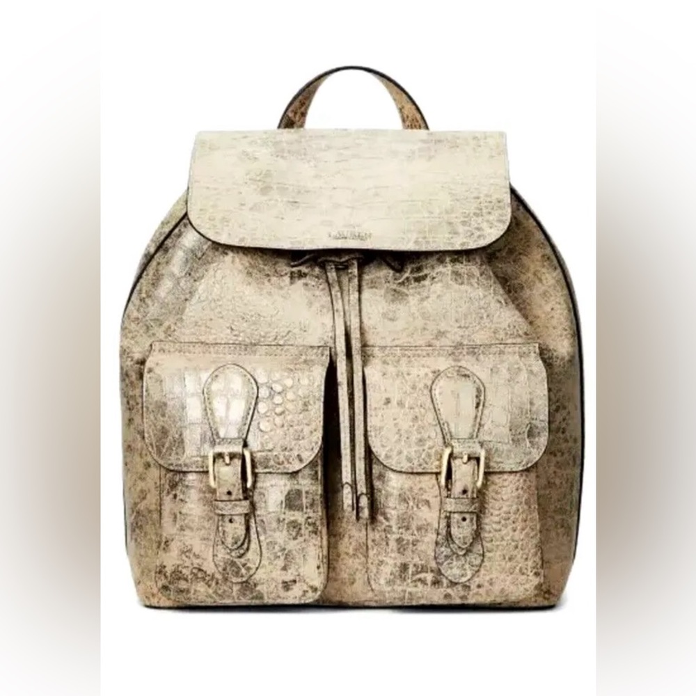 New Ralph Lauren Croc Embossed Leather Tan Olive Bronze Gold Backpack Bag